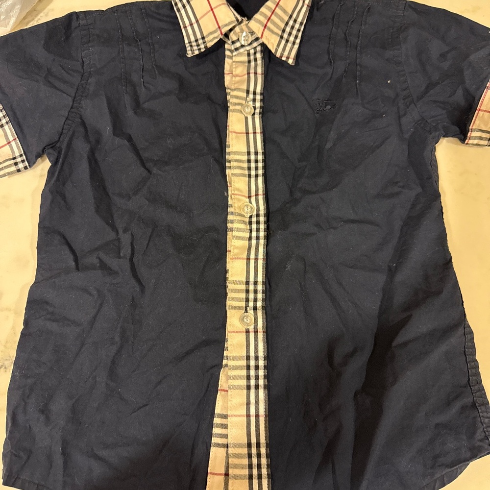 Burberry Navy Blue and Beige Plaid Boys' Short-Sleeve Shirt